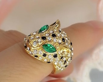 Bague panthère en strass, bijou animal tête de léopard, bague cocktail tendance pour femme