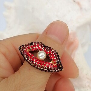 Red Crystal Lip Ring with Faux Pearl Accent in Gold Tone Red Lip Ring 9#