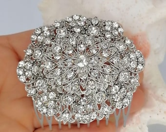 Vintage Silver Filigree Crystal Hair Comb, Wedding Rhinestone Bridal Hair Accessory