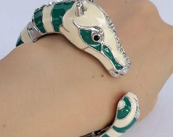Oval Enamel Horse Bangle Bracelet with Clear Rhinestone Crystal Statement Jewelry