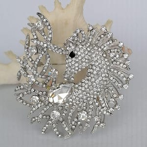 May include: A silver-toned brooch in the shape of a horse's head and a leafy design, encrusted with clear rhinestones. The horse has a black eye and the brooch is set against a white background.