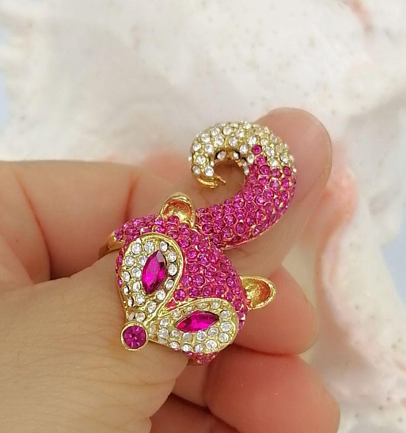 Strass-Kristall-Statement-Fuchsring, Tierschmuck Pink Fox Ring 8#