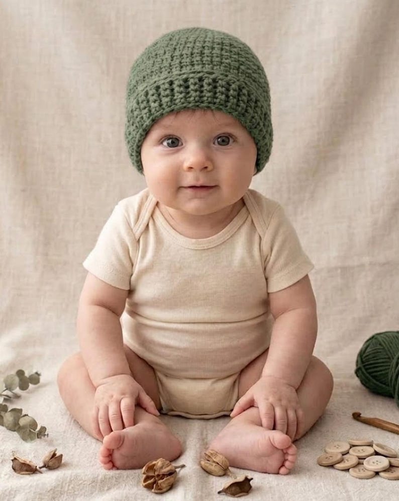 May include: A baby wearing a green crocheted beanie and a beige onesie sits on a neutral-colored surface. The baby is surrounded by crafting supplies, including a ball of yarn, wooden buttons, and dried seed pods.