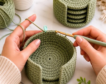 May include: A sage green crocheted basket with a matching set of circular coasters inside. The basket features a thick, textured stitch pattern with a U-shaped cutout on the front. A metal crochet hook is actively working on the basket rim.
