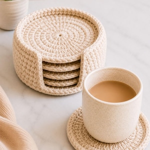 May include: A set of round, cream-colored crocheted coasters stacked inside a matching circular holder. One coaster sits separately underneath a speckled, light-colored ceramic mug filled with a tan beverage, showcasing the textured yarn construction.