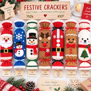 May include: Seven knitted festive crackers featuring holiday characters including Santa, a snowman, a reindeer, a gingerbread person, and a polar bear. Each cylindrical decoration is tied with ribbons and displays detailed stitched appliqué designs.
