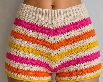 Boho Crochet Shorts Pattern PDF | Easy Retro Striped Beachwear