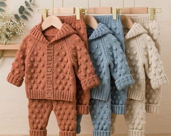 May include: Three sets of knitted baby clothing hanging on wooden hangers. Each set includes a hooded cardigan with buttons and matching pants, featuring a textured bobble pattern. The sets are available in terracotta, dusty blue, and cream colors.