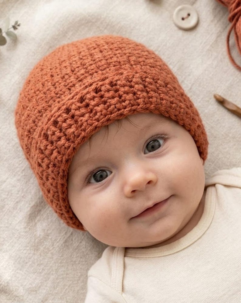 May include: A crocheted rust-colored baby beanie. The hat is made of a textured yarn and has a folded brim. The baby is wearing a cream-colored onesie. A wooden crochet hook and a ball of yarn are in the background.