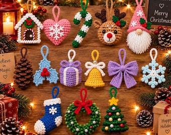 May include: A collection of fifteen crocheted Christmas ornaments including a gingerbread house, pink heart, candy cane, reindeer, gnome, pinecone, holly, gift, bell, bow, snowflake, stocking, wreath, and tree, all featuring hanging loops.