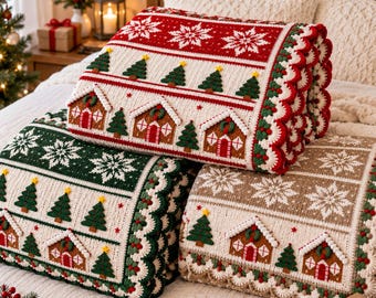 May include: Three folded crochet blankets featuring festive holiday motifs. Each blanket displays a pattern of white snowflakes, green pine trees with yellow stars, and gingerbread houses with red doors, finished with a scalloped edge border.
