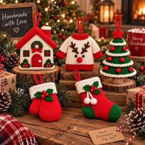 May include: A collection of five knitted Christmas ornaments including a house, a reindeer sweater, a tree, a mitten, and a stocking. Each piece features red, green, and white yarn with decorative details like berries, a star, and hanging loops.