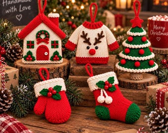 Christmas Ornament Knitting Pattern, 5 Holiday Designs, Tree Sweater House Mitten Stocking