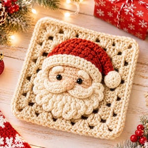 May include: A square crochet granny square featuring a three-dimensional Santa Claus face in the centre. The Santa has a red hat with a white pom-pom, a beige face, black bead eyes, and a textured white beard and moustache made of yarn.