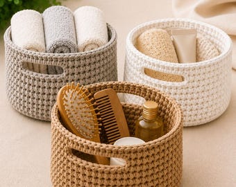 Crochet Basket Pattern PDF |  Round Storage Basket with Handles