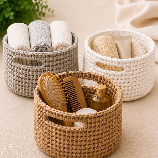 Crochet Basket Pattern PDF |  Round Storage Basket with Handles