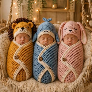 May include: Three infants wrapped in crocheted swaddles with matching animal hats. The left infant wears a yellow lion hat with a brown mane, the center wears a blue whale hat, and the right wears a pink bunny hat with long ears. Each swaddle has a button.