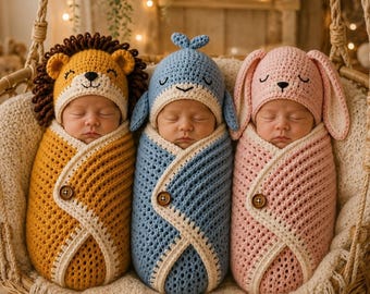 May include: Three infants wrapped in crocheted swaddles with matching animal hats. The left infant wears a yellow lion hat with a brown mane, the center wears a blue whale hat, and the right wears a pink bunny hat with long ears. Each swaddle has a button.