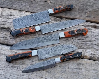 Juego de 5 cuchillos de chef de acero hechos a mano con mango de resina. Regalo para papá. Cuchillo de cocina. Regalo de boda para padrinos de boda.
