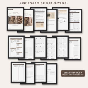 Può includere: Una collezione di modelli di modelli di uncinetto incorniciati. I modelli sono in cornici nere con pagine bianche e beige. Il testo "Your crochet pattern elevated" è in alto. Il testo "Editable in Canva" e "16 pages • instad download on Etsy" è in basso.