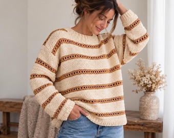 Oversized Sweater Crochet Pattern PDF, Striped Sweater Pattern, Beginner Crochet Jumper, Mesh Crochet pullover, XS-5XL