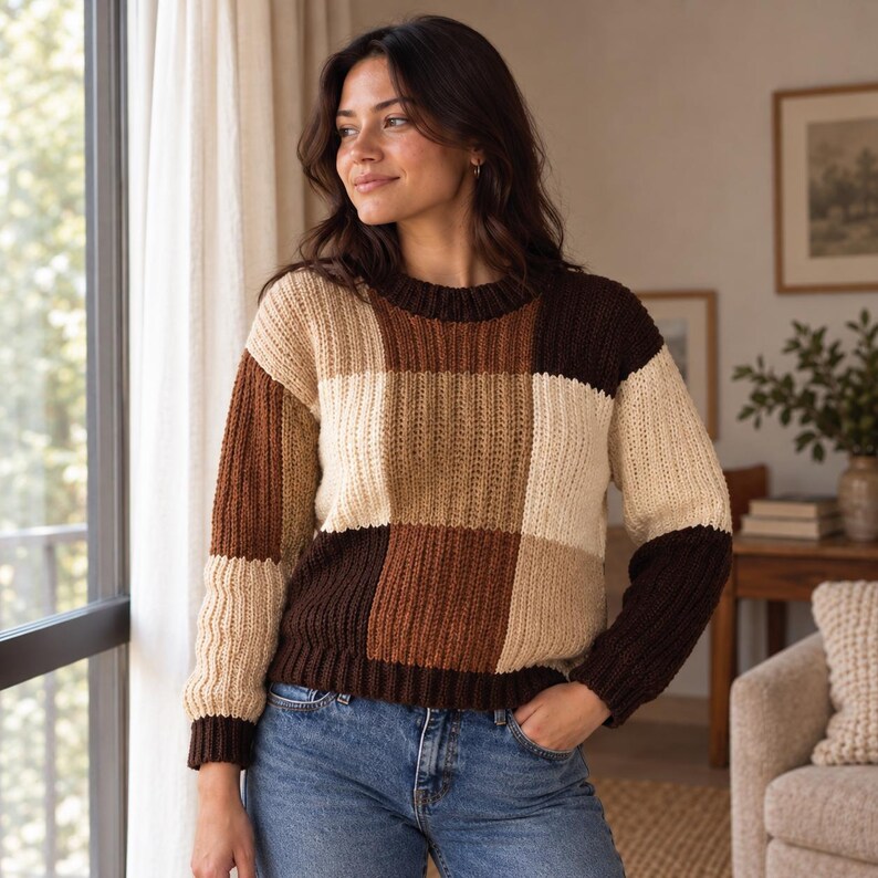May include: A long-sleeve knit sweater featuring a color-blocked pattern of large squares in shades of dark brown, medium brown, and cream. The garment has a ribbed crew neckline, ribbed cuffs, and a ribbed hem, constructed with a chunky knit texture.