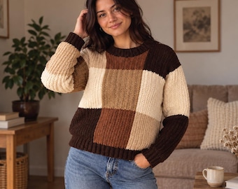 Patchwork Crochet Sweater Pattern, Oversized Color Block Jumper Tutorial, Chunky Sweater, Beginner Crochet Pattern, XS-5XL