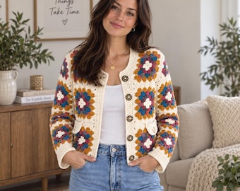 Granny Square Cardigan Crochet Pattern PDF, Oversized Boho Sweater, Crochet Jacket Pattern, Granny Square Sweater, Digital Download