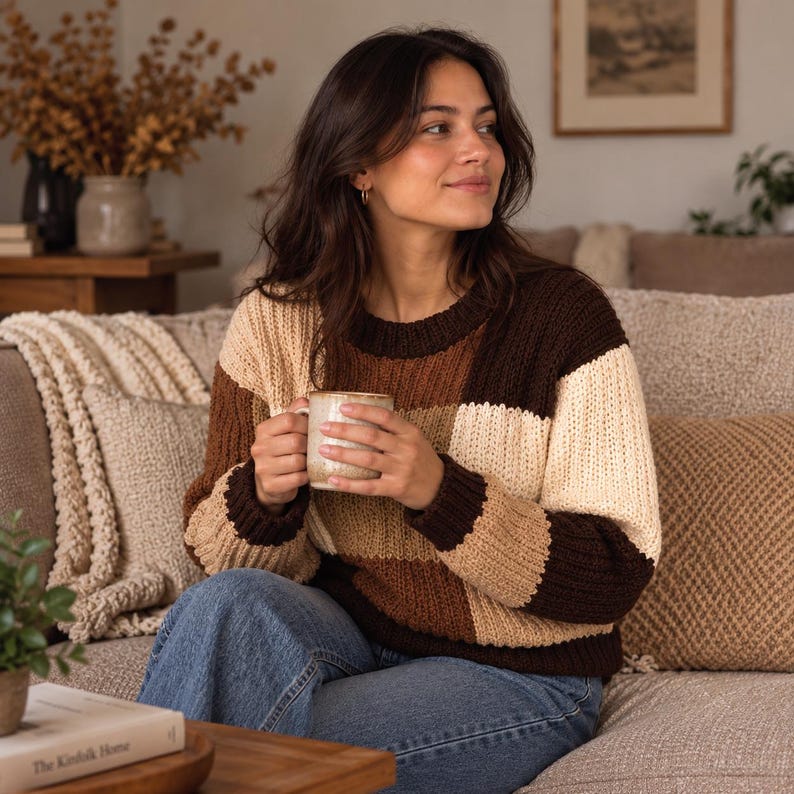 May include: A long-sleeve knit sweater featuring a color-blocked pattern in shades of dark brown, medium brown, and cream. The sweater has a ribbed crew neckline, ribbed cuffs, and a ribbed hem, constructed with a chunky, textured yarn knit stitch.