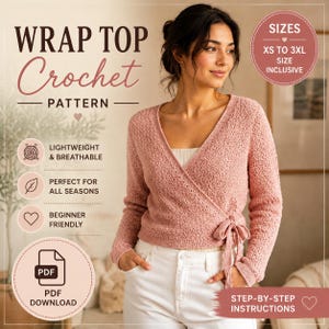 Modello per top a portafoglio all'uncinetto, top a maniche lunghe all'uncinetto da donna, modello per cardigan a portafoglio, camicetta leggera all'uncinetto, scarica PDF