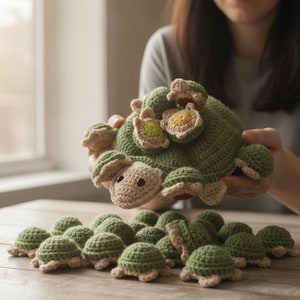 May include: A large crocheted turtle with a green shell and beige head, featuring several smaller crocheted turtles attached to its back. Below the large turtle, a collection of numerous small, individual green and beige crocheted turtles are arranged on a surface.