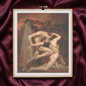 May include: A square embroidery hoop containing a cross-stitch pattern of a classical painting. The artwork depicts two nude figures in a dynamic, intertwined pose, with a third figure standing in a long robe to the left, all set against a dark, moody background.