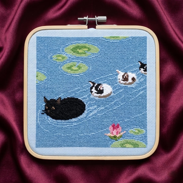 Pixel Art Cat Swimming Cross-Stitch Pattern – DIY Needlework Pattern (Digital PDF)