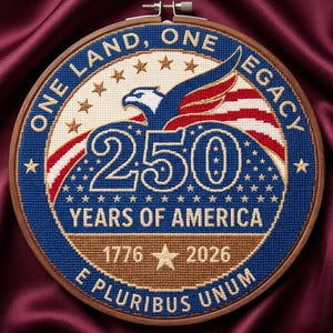May include: A round, cross-stitched embroidery hoop with the text "ONE LAND, ONE LEGACY" and "250 YEARS OF AMERICA." The design features an eagle, stars, and the years 1776 and 2026, in red, white, and blue.