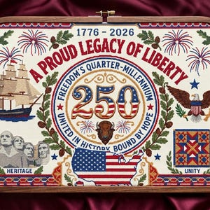 Op de afbeelding: Een rechthoekige, ingelijste kruissteek met een patriottisch thema. Het ontwerp bevat een schip, een adelaar, de Amerikaanse vlag en de tekst "A PROUD LEGACY OF LIBERTY" en "250". De kleuren zijn rood, wit, blauw en bruin.