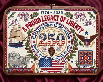 May include: A framed cross-stitch featuring patriotic imagery. The design includes a ship, an eagle, the American flag, and the text "A PROUD LEGACY OF LIBERTY" and "250". The color palette is red, white, blue, and brown.