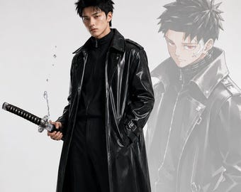 Kagurabachi Chihiro Rokuhira Inspired Black PU Leather Trench Coat | Anime Manga Cosplay Jacket