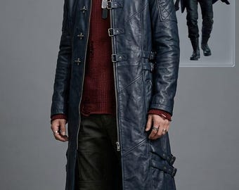 Devil May Cry 5 Inspired Nero Long Leather Coat, DMC 5 Blue Trench Jacket, Anime Cosplay Coat, Gamer Costume, Custom Made Leather Jacket