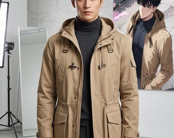 Solo Leveling Sung Jin-Woo Inspired Long Jacket | Korean Manhwa Anime Beige Parka Coat