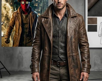 Spider-Man Noir Inspired Long Leather Trench Coat | Vintage Detective Style Coat | Nicholas Cage Inspired Cosplay Jacket | Gothic Outerwear