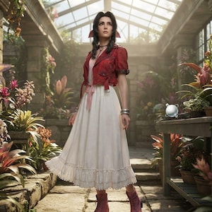 Aerith Gainsborough-inspirerad beskuren röd jacka med vit klänning | FFVII Rebirth Cosplay-dräkt | Fantasy Anime Convention-dräkt |