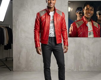 Michael Jackson Inspired Red Leather Jacket | Retro Pop Star Biker Jacket | Thriller Style Costume Coat | Handmade Celebrity Inspired Outfit