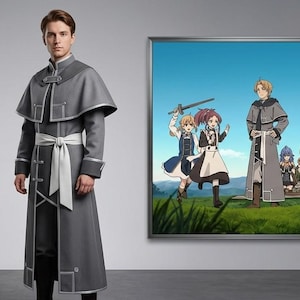 May include: A long-sleeved grey coat with a capelet, a white waist sash, and silver-toned trim. The coat features a high collar, structured shoulders, and a floor-length design. Beside it, a framed illustration depicts four anime-style characters.