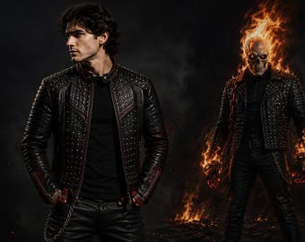 Men's Studded Leather Biker Jacket | Ghost Rider Flame Rider Gothic Coat