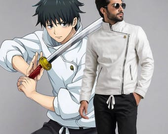 Jujutsu Kaisen White Leather Biker Jacket | Anime Inspired Cosplay Streetwear Coat