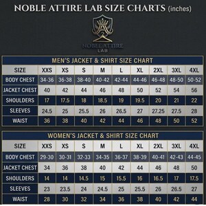 May include: A black and gold size chart for Noble Attire Lab featuring two tables with measurements in inches. The top table lists jacket and shirt sizes from XXS to 4XL for one category, while the bottom table lists sizes for another category.
