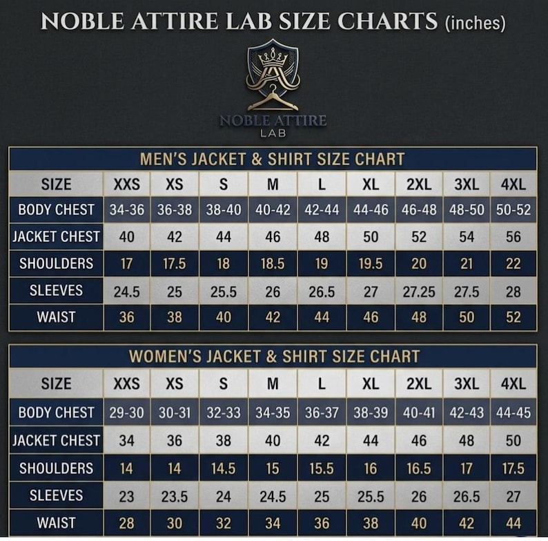 May include: A black and gold size chart for Noble Attire Lab featuring two tables with measurements in inches. The top table lists jacket and shirt sizes from XXS to 4XL for one category, while the bottom table lists sizes for another category.