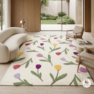Dänischer Pastell Teppich Handgetuftet Wolle, Bunte Tulpe, Einzigartiges Raumdekor, Niedlicher Blumenteppich, Ästhetischer Teppich, Handgemacht