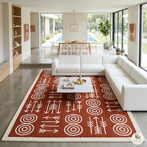 Alfombra tribal de lana del suroeste, alfombra de pasillo tejida a mano, alfombra de ojo de buey con flecha color terracota, óxido y crema, alfombra geométrica bohemia de pelo cortado, tamaño personalizado.