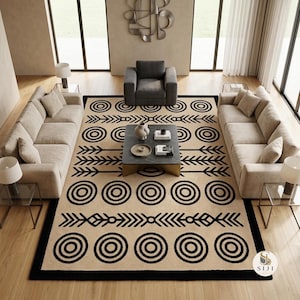 Alfombra moderna del desierto, tejida a mano en lana, alfombra decorativa del suroeste, alfombra tribal negra y beige, patrón de flechas aztecas, área de la habitación color arena